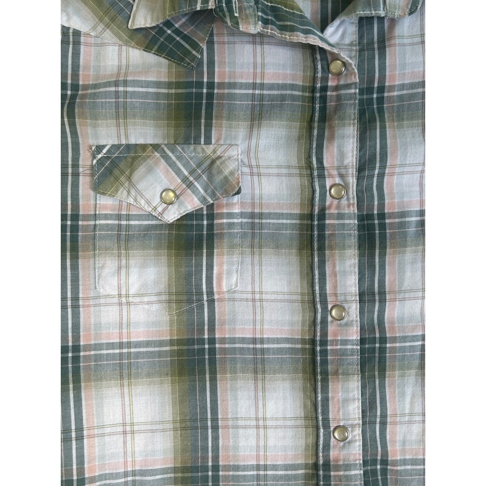 Wrangler Wrancher Womens XL Sleeveless Western Shirt Plaid Pearl Snap Green Pink - Picture 3 of 5